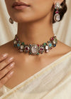 NIRAYA Sabyasachi inspired multicoloured  Regal kundan choker necklace with Earrings in antique golden finish,Navratna Vintage style jewelry
