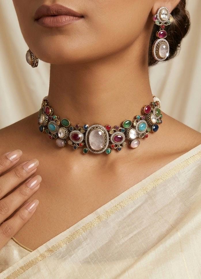 NIRAYA Sabyasachi inspired multicoloured  Regal kundan choker necklace with Earrings in antique golden finish,Navratna Vintage style jewelry