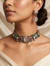 NIRAYA Sabyasachi inspired multicoloured  Regal kundan choker necklace with Earrings in antique golden finish,Navratna Vintage style jewelry