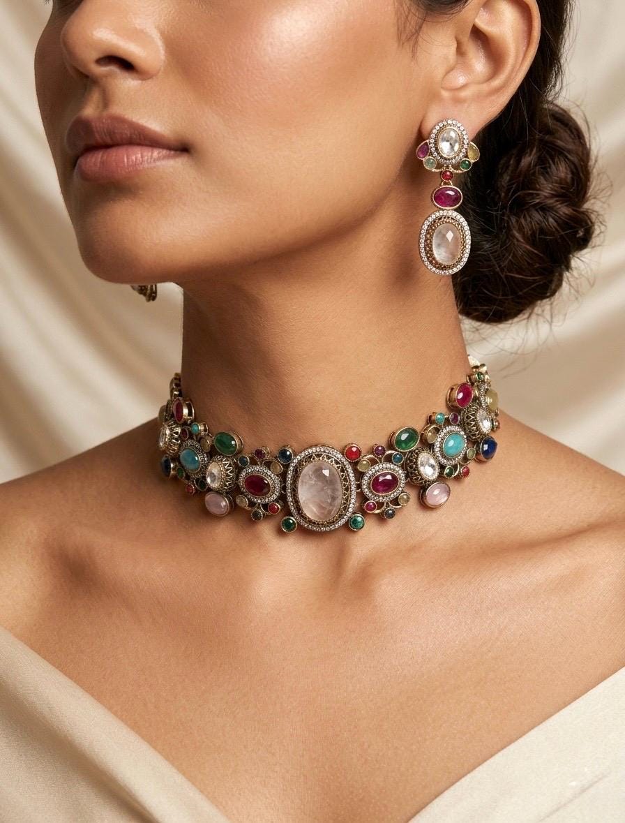 NIRAYA Sabyasachi inspired multicoloured  Regal kundan choker necklace with Earrings in antique golden finish,Navratna Vintage style jewelry