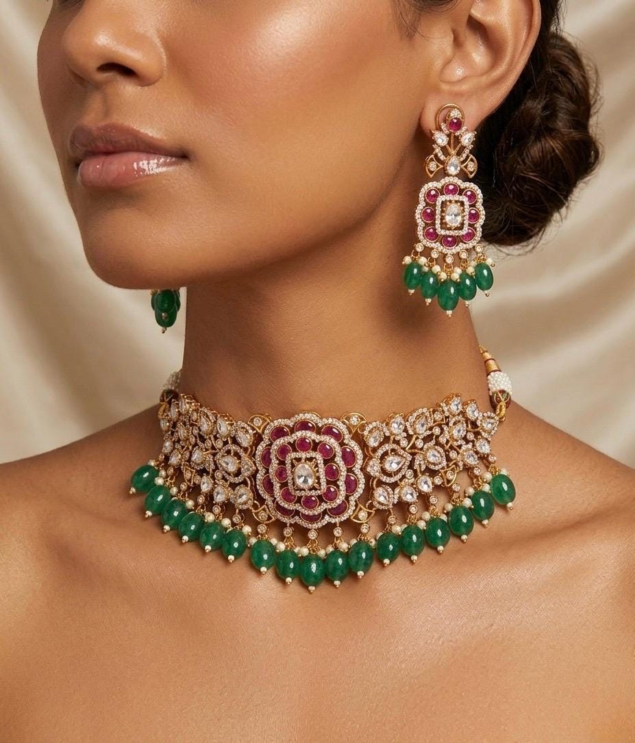 NARGIS Sabyasachi inspired premium quality polki and kundan Green ruby choker necklace with earrings ,Indian Pakistani wedding bridal jewelr