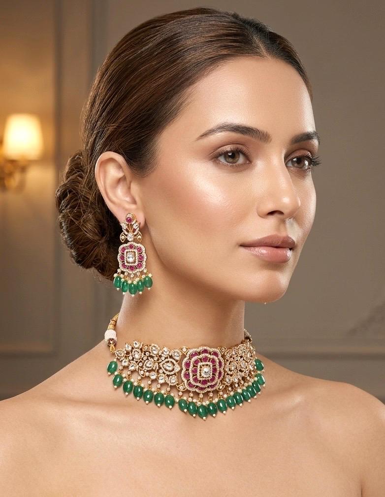 NARGIS Sabyasachi inspired premium quality polki and kundan Green ruby choker necklace with earrings ,Indian Pakistani wedding bridal jewelr