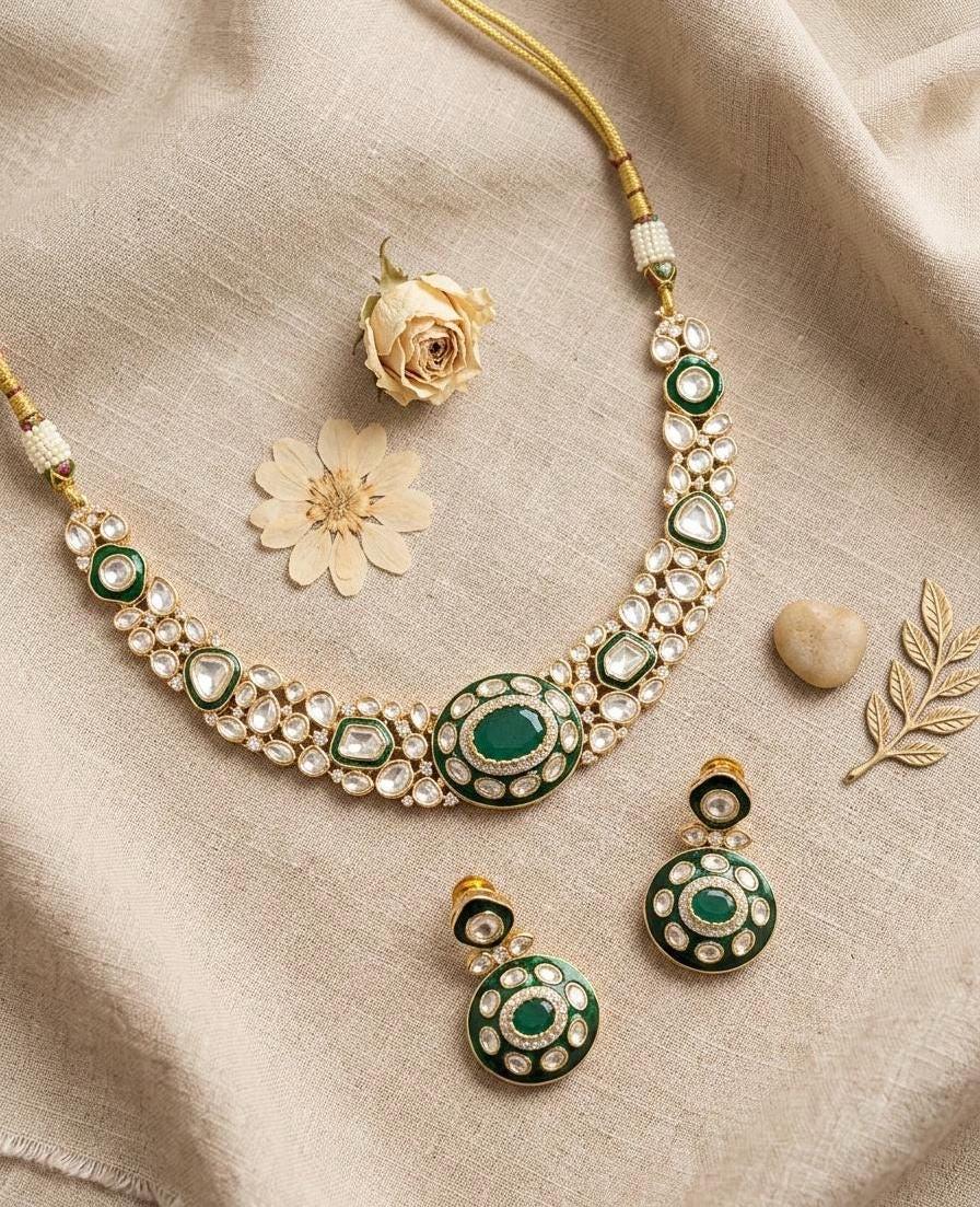 SEHMAT Premium quality Moissanite and kundan Necklace set in emerald green, Indian Pakistani wedding bridal jewelry