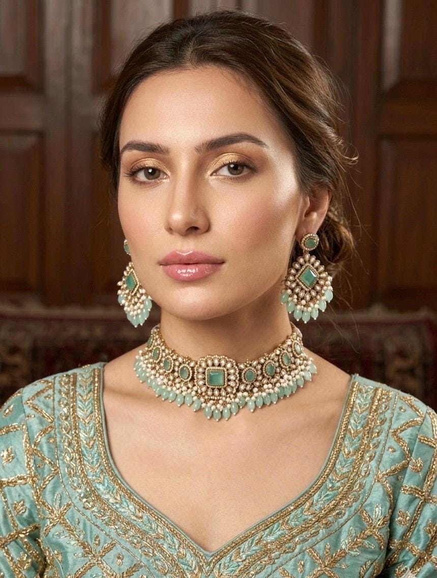 GAURI mint and golden cz Kundan and moissanite replica choker necklace set , Indian Pakistani wedding bridal jewelry