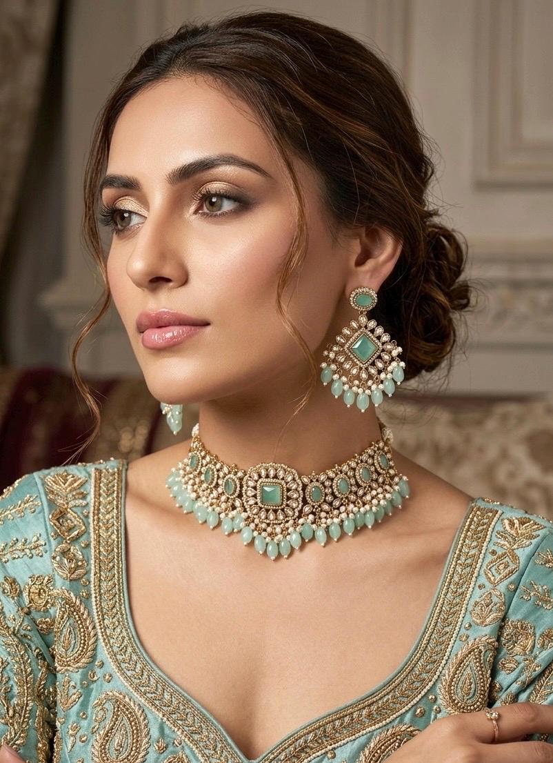 GAURI mint and golden cz Kundan and moissanite replica choker necklace set , Indian Pakistani wedding bridal jewelry