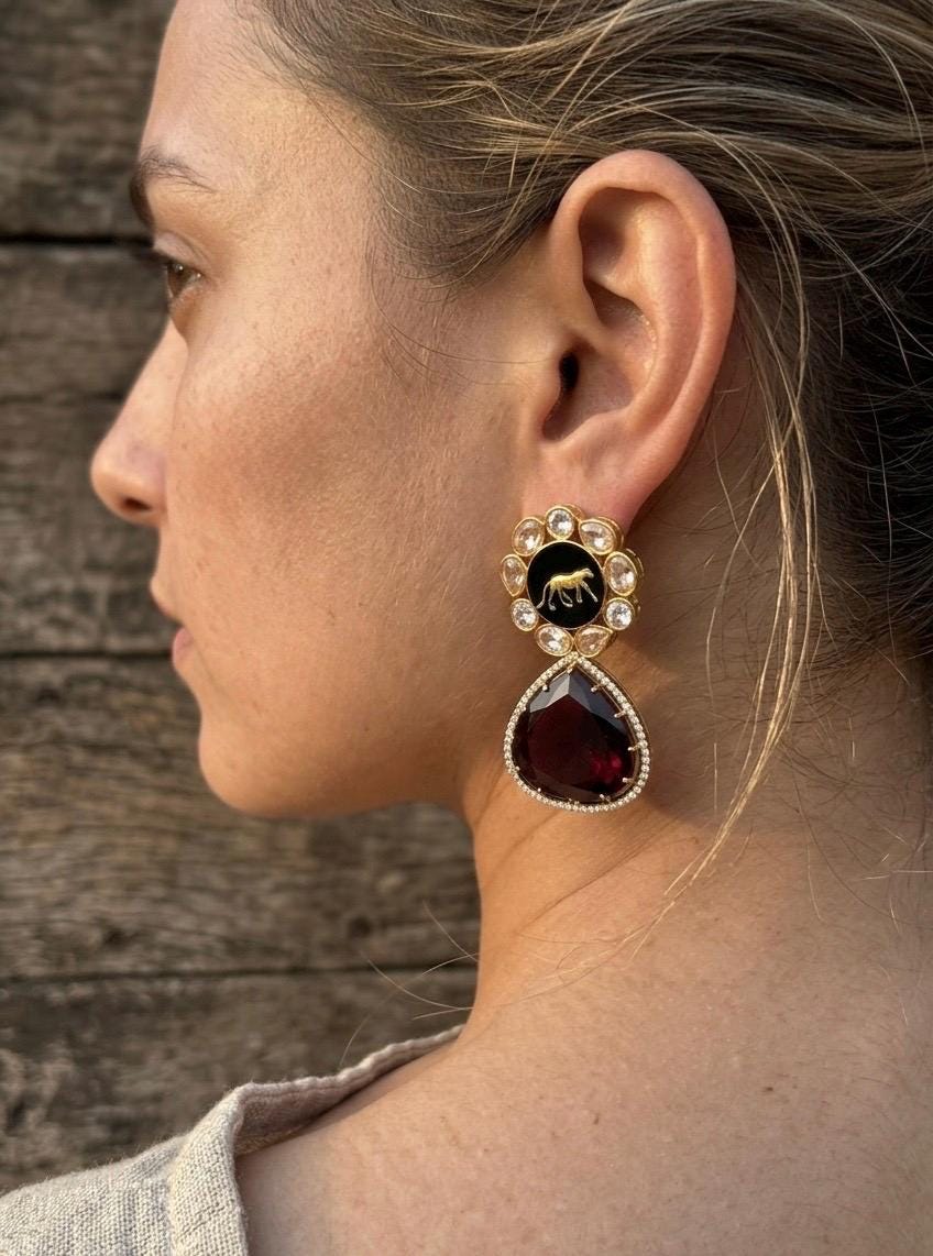 AMELIA Sabyasachi inspired Deep ruby red  earrings in antique matt gold finish, Indian fusion earrings , indo western jewelry