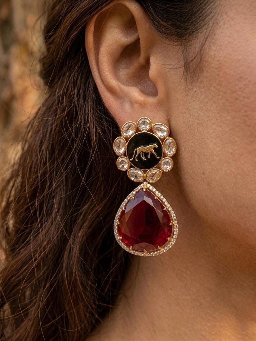 AMELIA Sabyasachi inspired Deep ruby red  earrings in antique matt gold finish, Indian fusion earrings , indo western jewelry