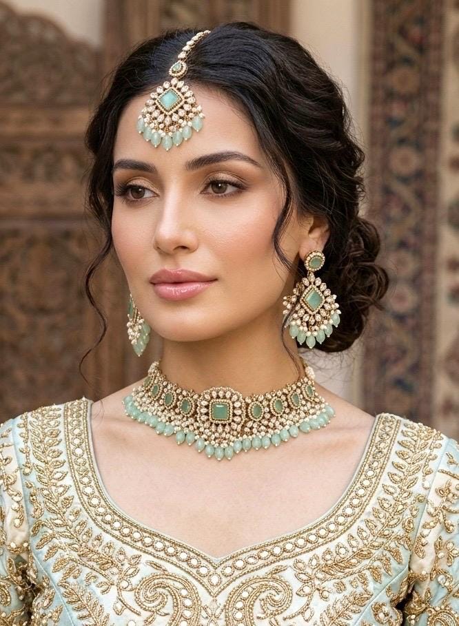 GAURI mint and golden cz Kundan and moissanite replica choker necklace set with maangtika, Indian Pakistani wedding bridal jewelry