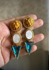 CLEO Sabyasachi inspired peacock blue/ turquoise blue earrings in antique matt gold finish and mother of pearl stones,Indian fusion earrings