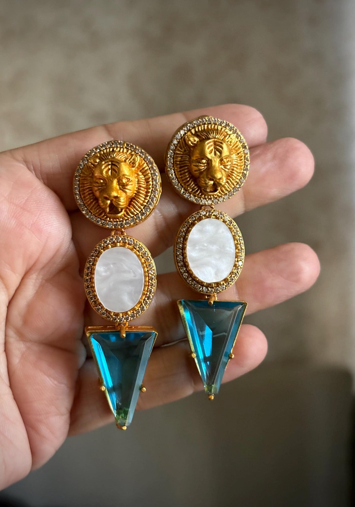 CLEO Sabyasachi inspired peacock blue/ turquoise blue earrings in antique matt gold finish and mother of pearl stones,Indian fusion earrings
