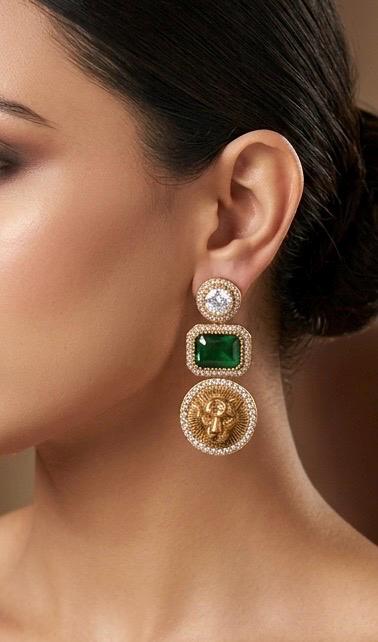 MIA Sabyasachi inspired emerald green earrings in antique gold matt finish , Indian fusion earrings , indo western jewelry