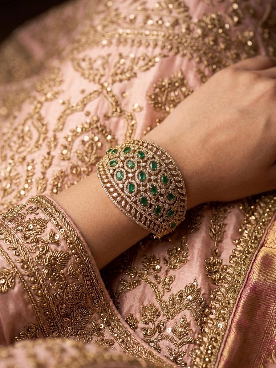 TIA green stones bracelet in antique golden polish,cz zircon openable bracelet,American diamond green colour bangle bracelet