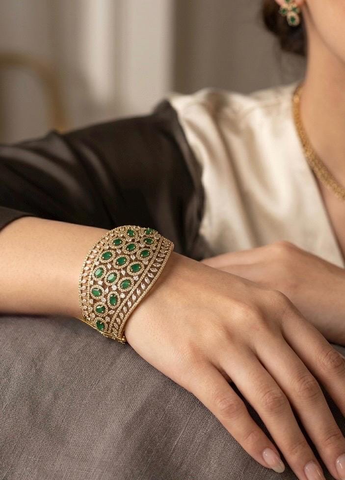 TIA green stones bracelet in antique golden polish,cz zircon openable bracelet,American diamond green colour bangle bracelet