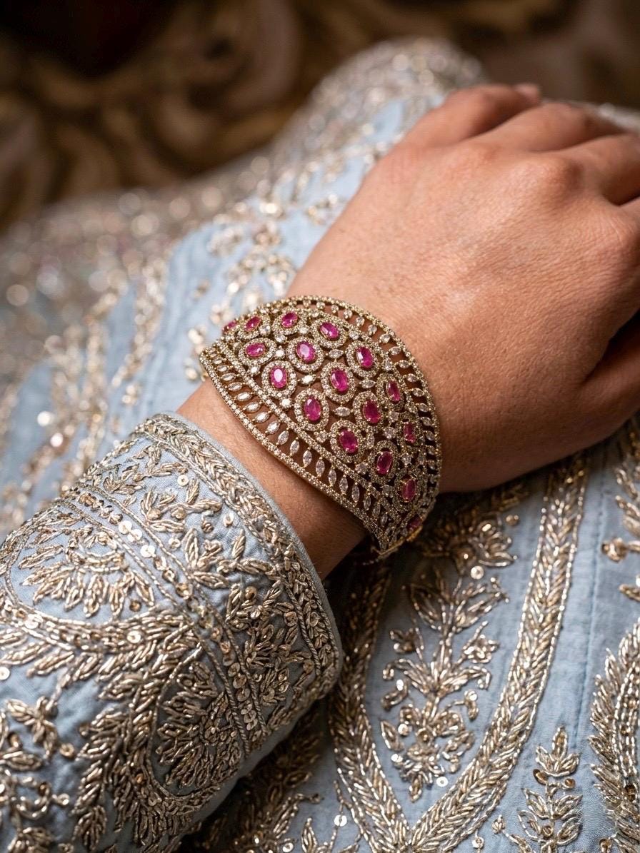 TIA pinkish red stones bracelet in antique golden polish,cz zircon openable  bracelet,American diamond pink colour bangle bracelet