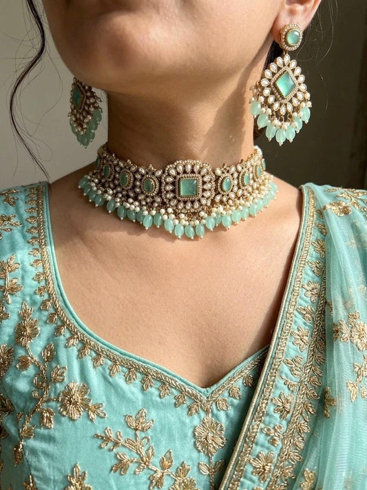 GAURI mint and golden cz Kundan and moissanite replica choker necklace set , Indian Pakistani wedding bridal jewelry