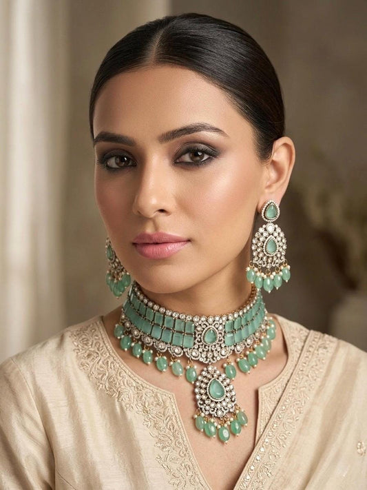 MIRIN Sabyasachi inspired Mint choker set, Victorian style kundan necklace set in doublet stone, Indian Pakistani wedding jewelry