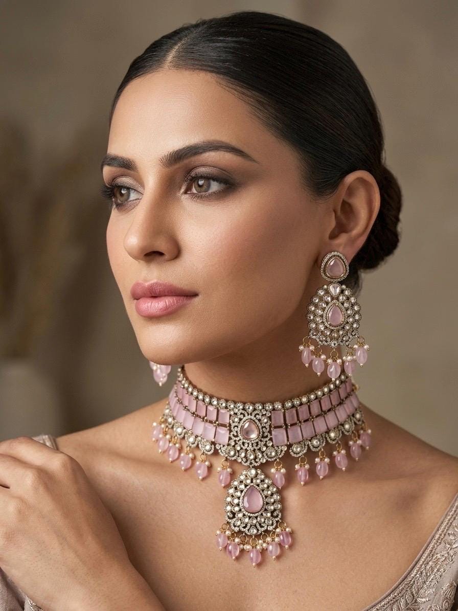 MIRIN Sabyasachi inspired Pink choker set, Victorian style kundan necklace set in doublet stone, Indian Pakistani wedding jewelry