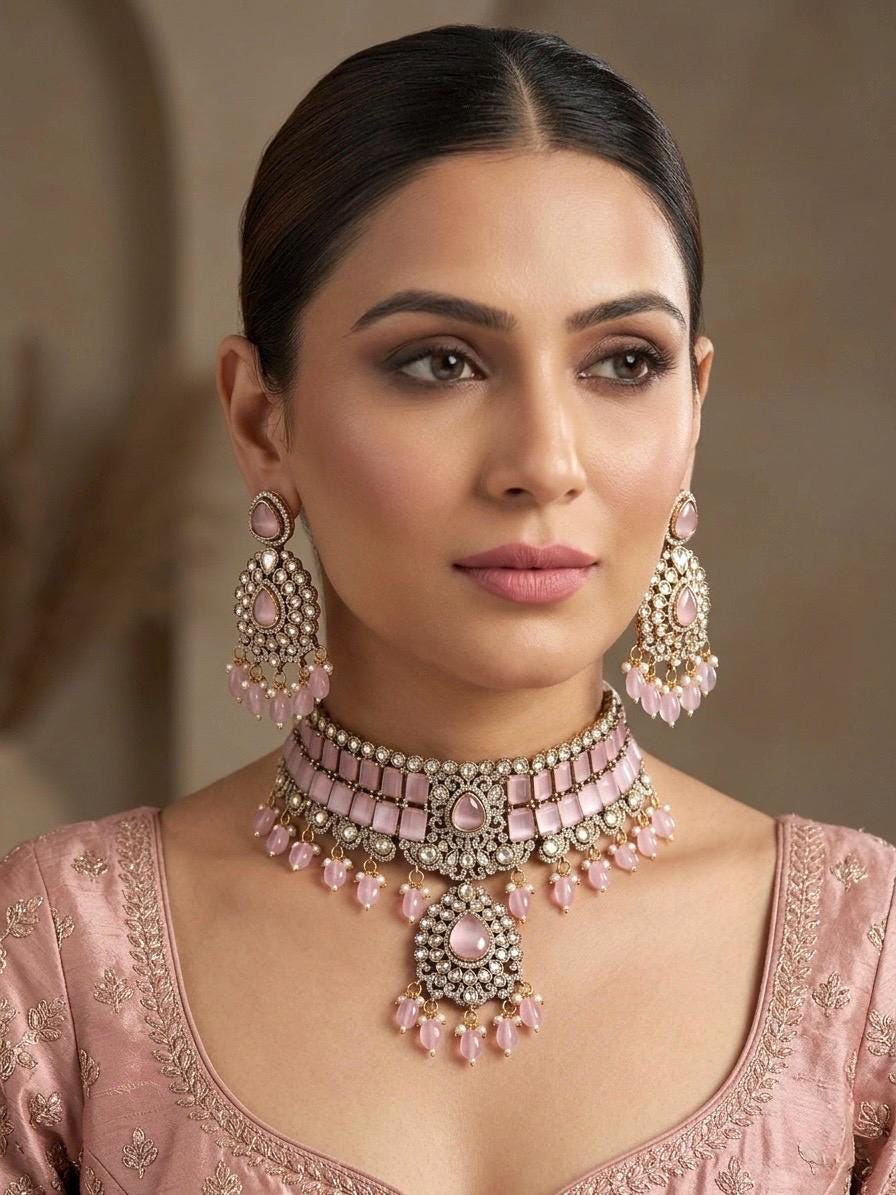 MIRIN Sabyasachi inspired Pink choker set, Victorian style kundan necklace set in doublet stone, Indian Pakistani wedding jewelry