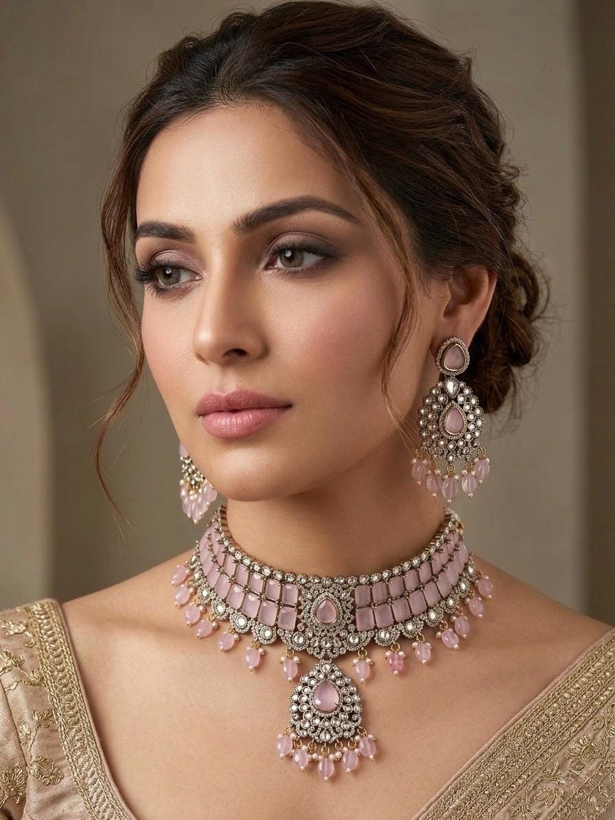 MIRIN Sabyasachi inspired Pink choker set, Victorian style kundan necklace set in doublet stone, Indian Pakistani wedding jewelry