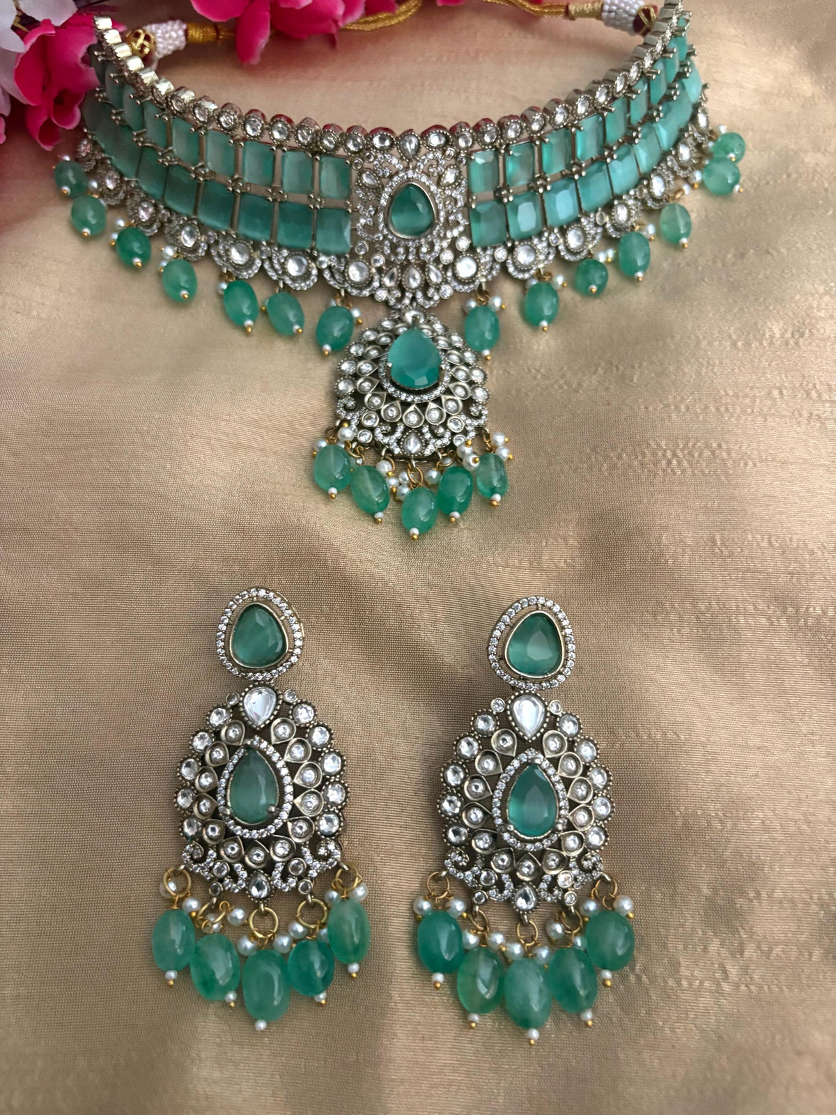 MIRIN Sabyasachi inspired Mint choker set, Victorian style kundan necklace set in doublet stone, Indian Pakistani wedding jewelry
