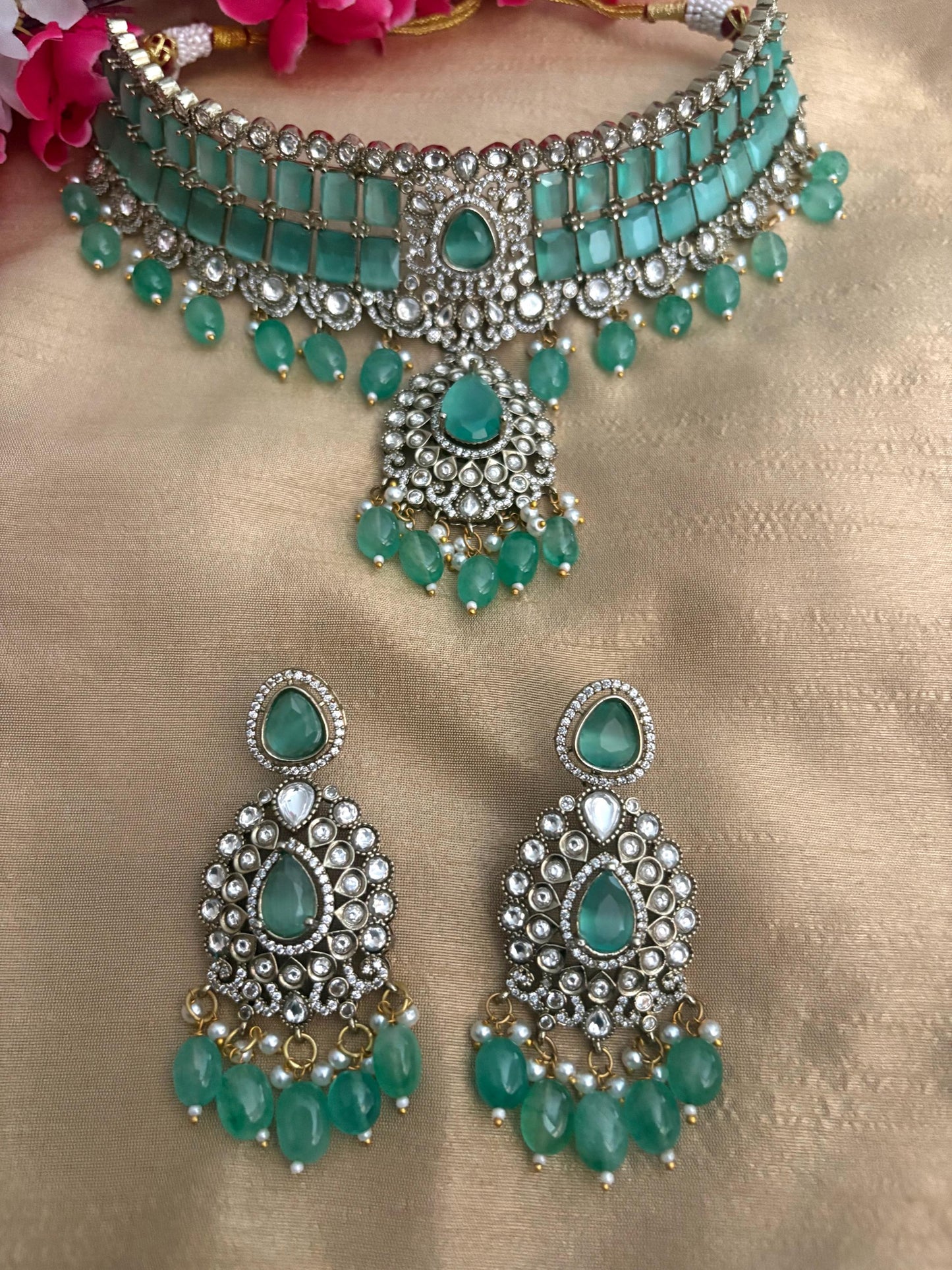 MIRIN Sabyasachi inspired Mint choker set, Victorian style kundan necklace set in doublet stone, Indian Pakistani wedding jewelry