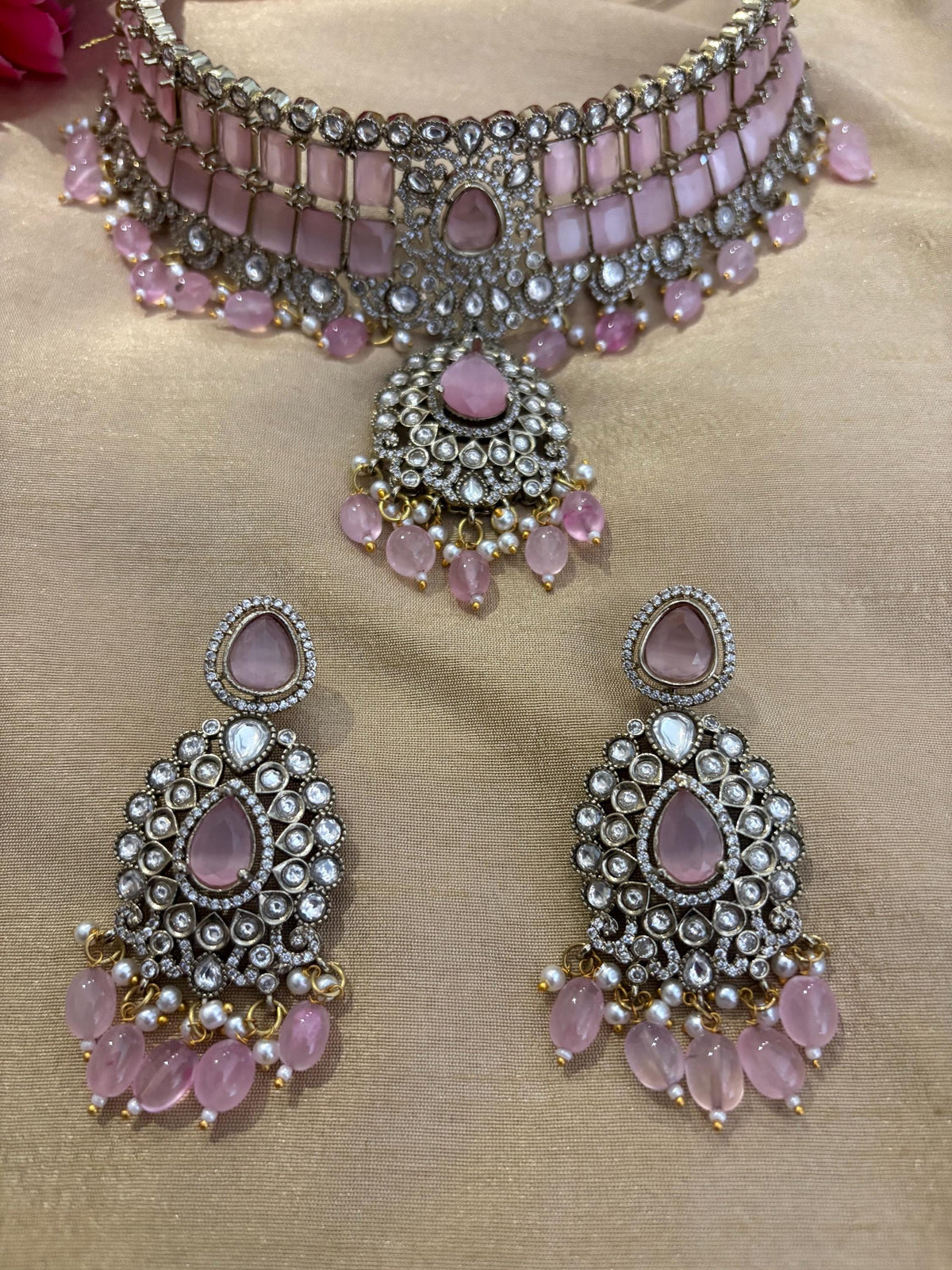 MIRIN Sabyasachi inspired Pink choker set, Victorian style kundan necklace set in doublet stone, Indian Pakistani wedding jewelry