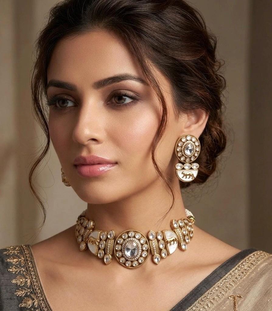 NIYA Sabyasachi inspired clear stones kundan choker with Earrings, Indian Pakistani traditional wedding jewelry,colourless necklace set
