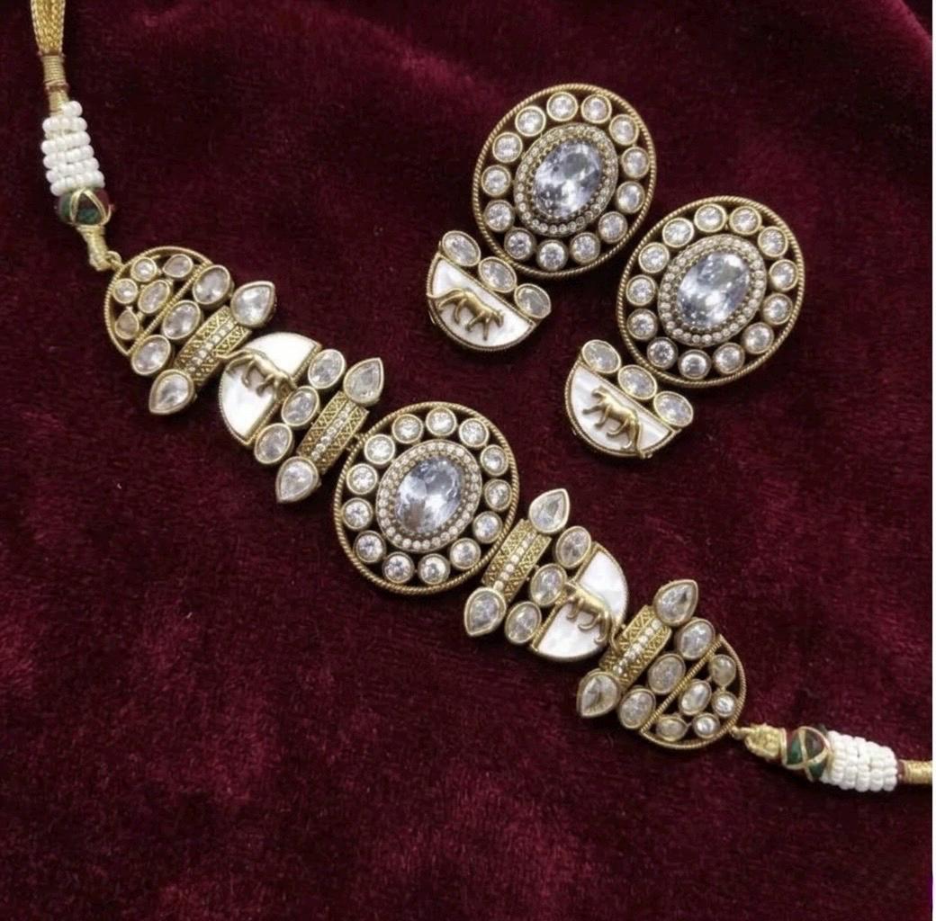 NIYA Sabyasachi inspired clear stones kundan choker with Earrings, Indian Pakistani traditional wedding jewelry,colourless necklace set