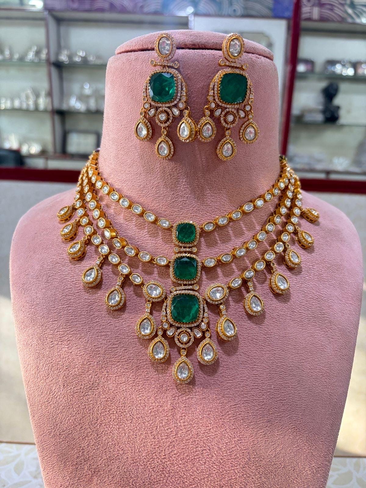MAHVEEN Green Kundan and  polki doublet stone multilayered necklace set,Indian Pakistani green colour wedding bridal jewelery