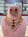 MAHVEEN Ruby red Kundan and polki doublet stone multilayered necklace set,Indian Pakistani green colour wedding bridal jewelery