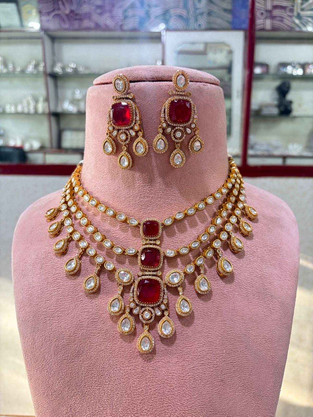 MAHVEEN Ruby red Kundan and polki doublet stone multilayered necklace set,Indian Pakistani green colour wedding bridal jewelery
