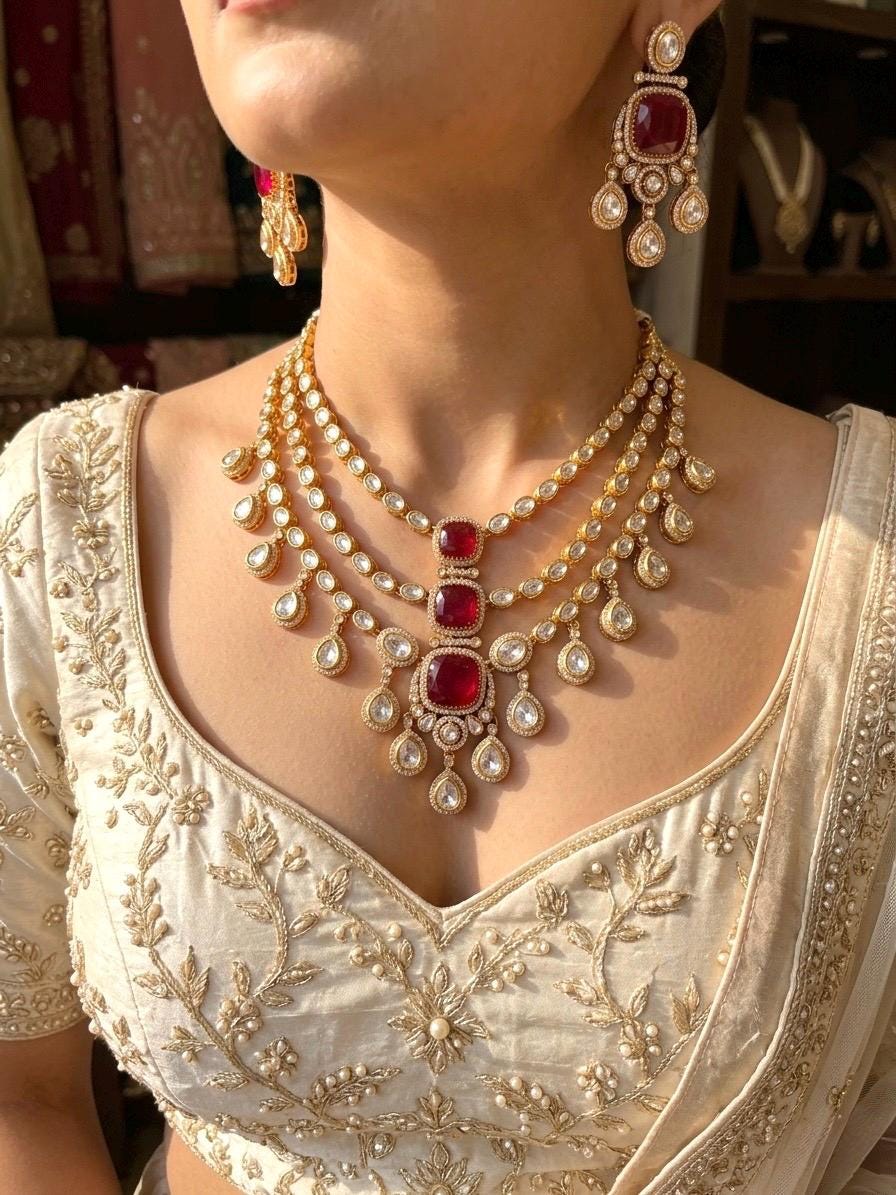 MAHVEEN Ruby red Kundan and polki doublet stone multilayered necklace set,Indian Pakistani green colour wedding bridal jewelery