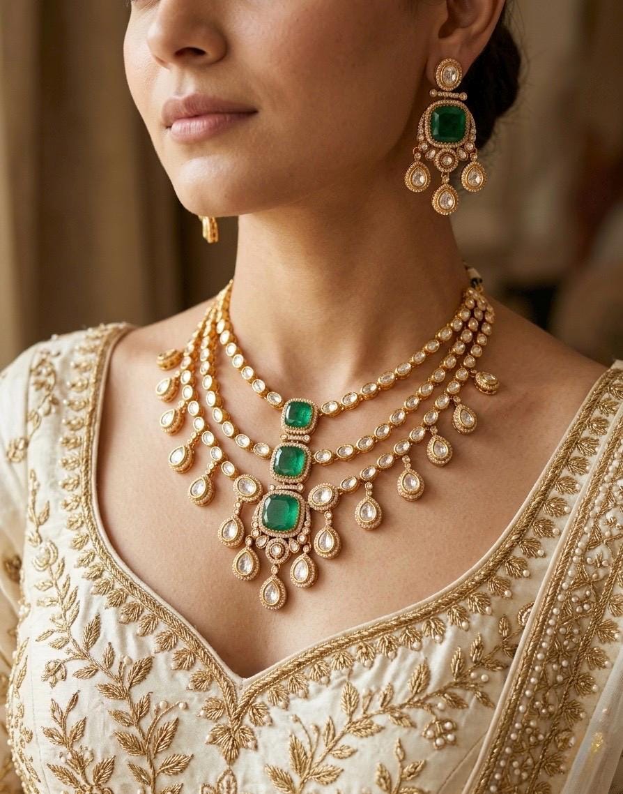 MAHVEEN Emerald Green kundan polki doublet stone multilayered necklace set,Indian Pakistani green colour wedding bridal jewelery