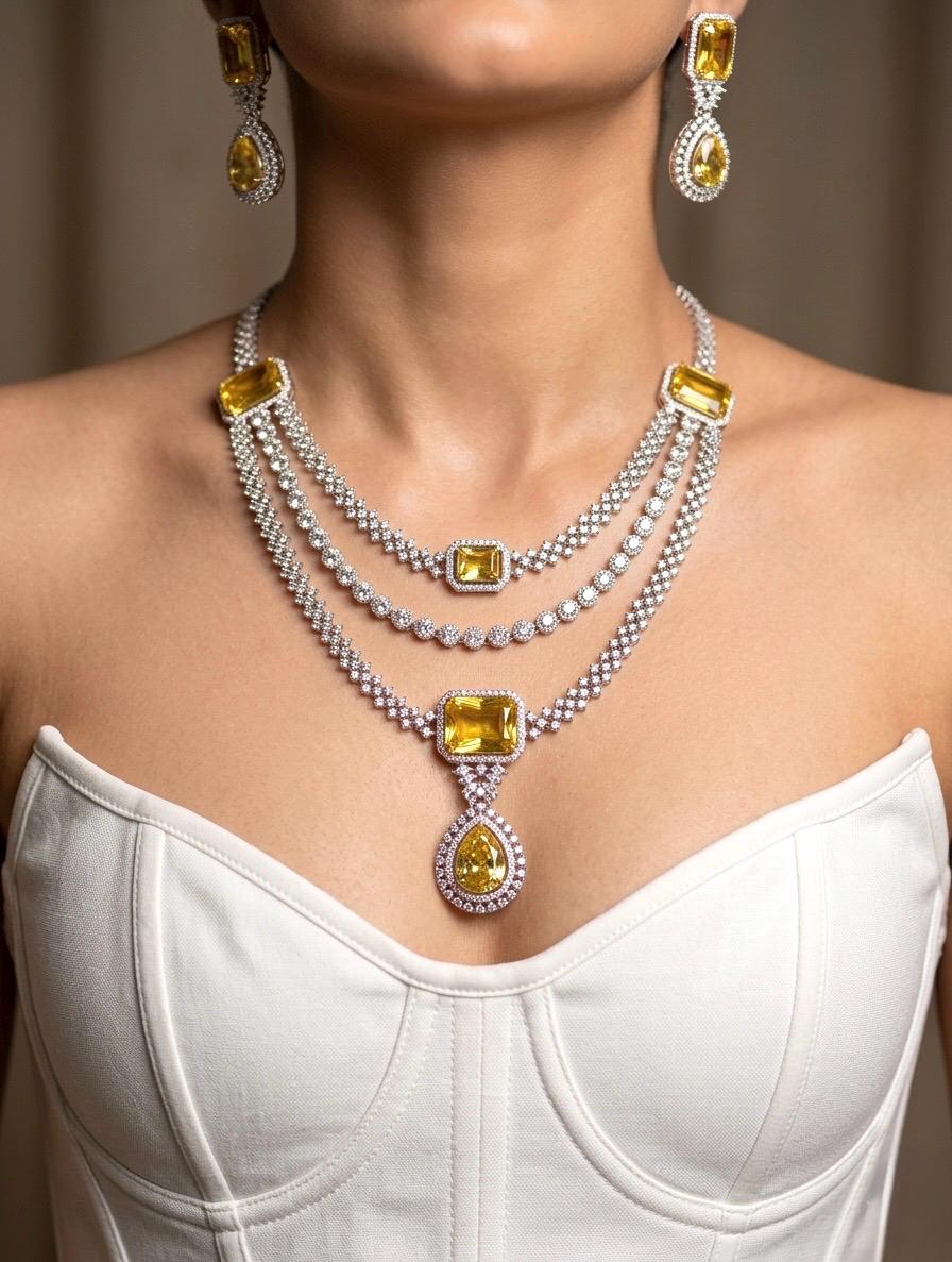 LEILA Multilayer yellow sapphire necklace earrings Statement American Diamond, Indian  Pakistani Wedding jewellery Cz Zircon,prom