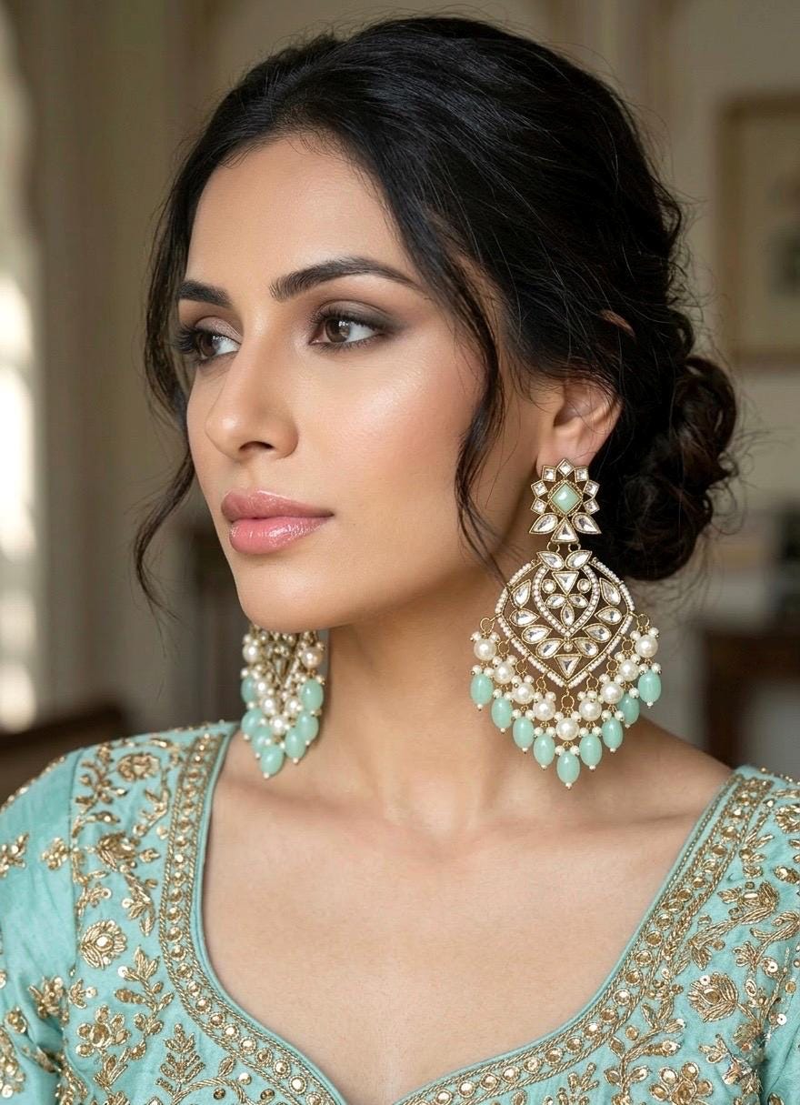 AASHVI Mint  earrings / Bollywood kundan earrings /Pakistani Wedding bridal /Navratri function Indian Diwali jewelry/mint chandbali