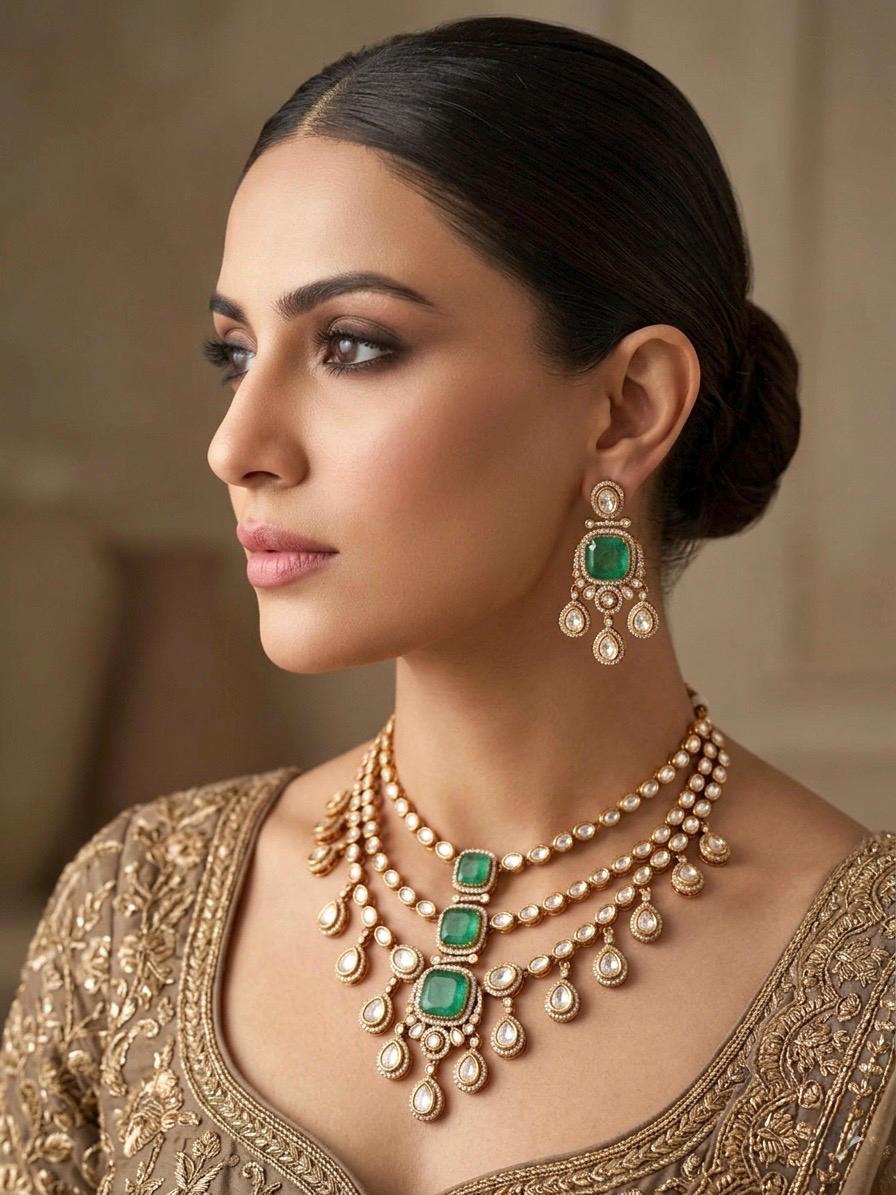 MAHVEEN Emerald Green kundan polki doublet stone multilayered necklace set,Indian Pakistani green colour wedding bridal jewelery