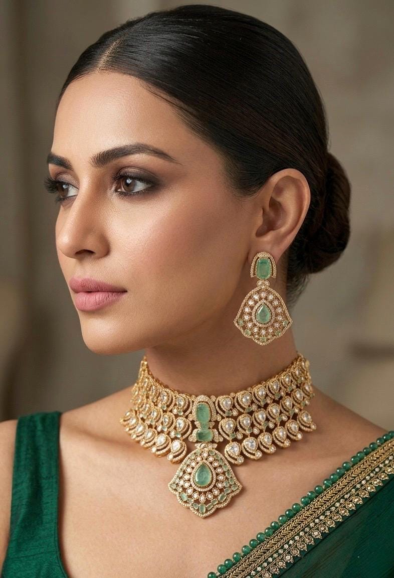 SABEEN Mint green Doublet Stone kundan Necklace choker Set  Earrings,moissanite kundan Indian Pakistani wedding bridal  jewelry