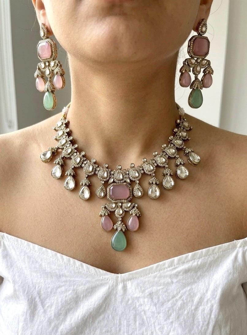 ZEINAB mint pink cz Kundan and moissanite replica choker necklace set in antique golden , Indian Pakistani Victorian style jewelry