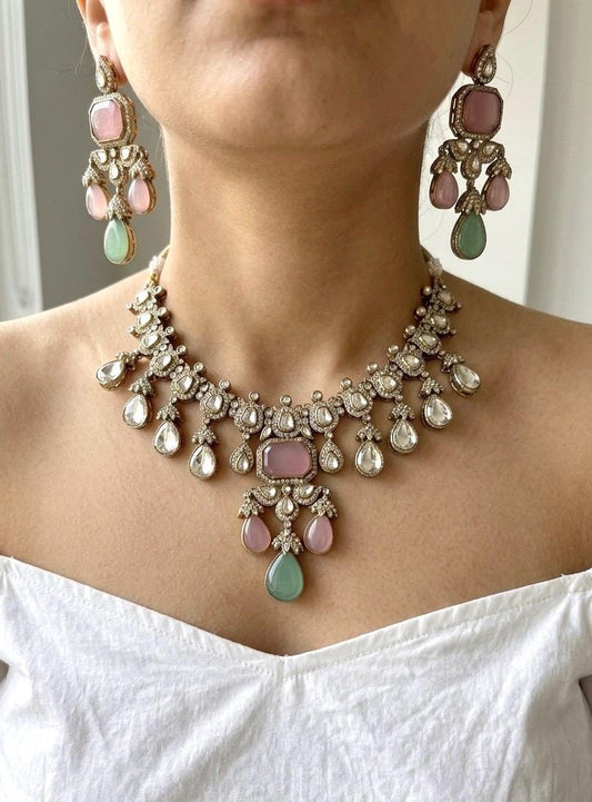 ZEINAB mint pink cz Kundan and moissanite replica choker necklace set in antique golden , Indian Pakistani Victorian style jewelry