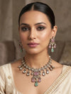 ZEINAB mint pink cz Kundan and moissanite replica choker necklace set in antique golden , Indian Pakistani Victorian style jewelry