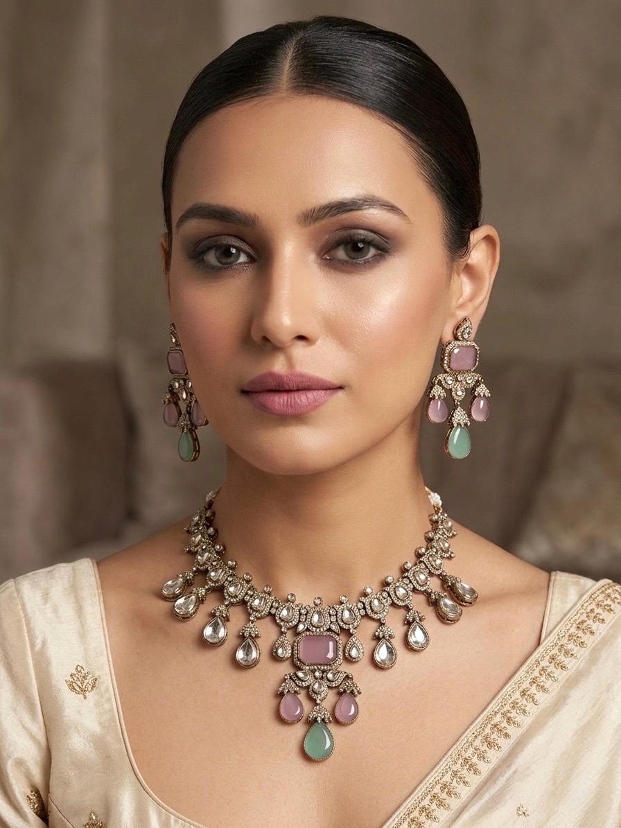 ZEINAB mint pink cz Kundan and moissanite replica choker necklace set in antique golden , Indian Pakistani Victorian style jewelry