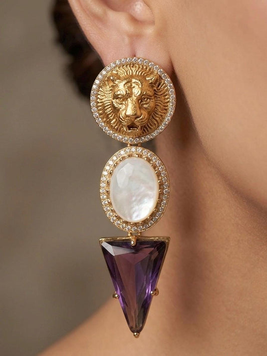 CLEO Sabyasachi inspired translucent purple earrings ,amethyst matt gold finish and mother of pearl stones,Indian fusion earrings,