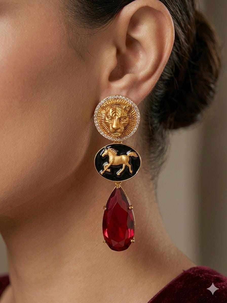 NORA Sabyasachi inspired ruby red earrings in matt golden finish, Indian fusion earrings in red colour, indian fusion jewelry