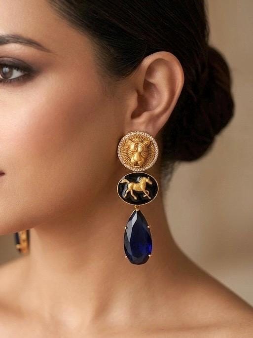 NORA Sabyasachi inspired deep Royal blue earrings in matt golden finish, Indian fusion earrings in blue colour, indian fusion jewelry