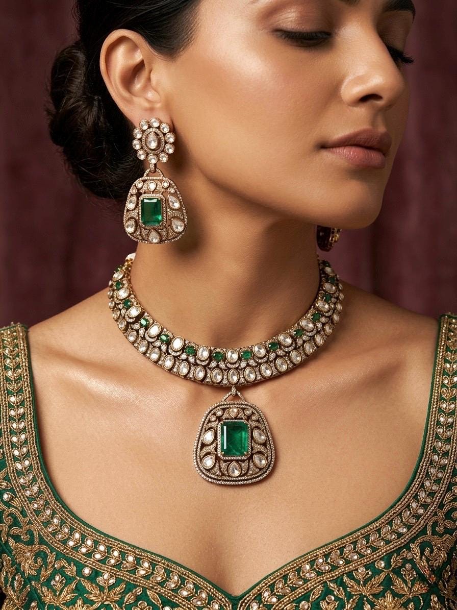 ZOHA Emerald Green kundan and moissanite necklace set in doublet stone,Indian Pakistani wedding jewelry in antique golden polish