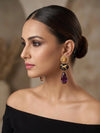 NORA Sabyasachi inspired amethyst purple earrings in matt golden finish, Indian fusion earrings in purple colour, indian fusion jewelry