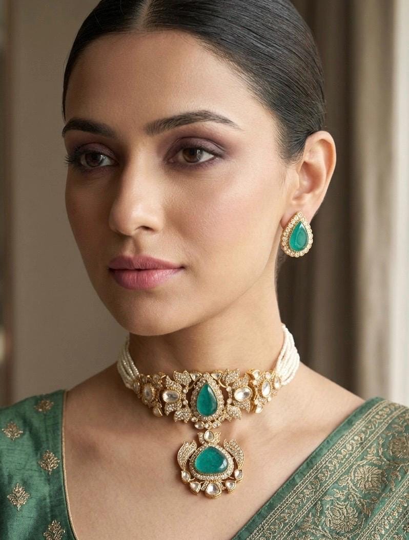 KOMAL Victorian look Deep emerald green Doublet Stone kundan Necklace Set with Earrings,,Indian Pakistani wedding and festive jewelry