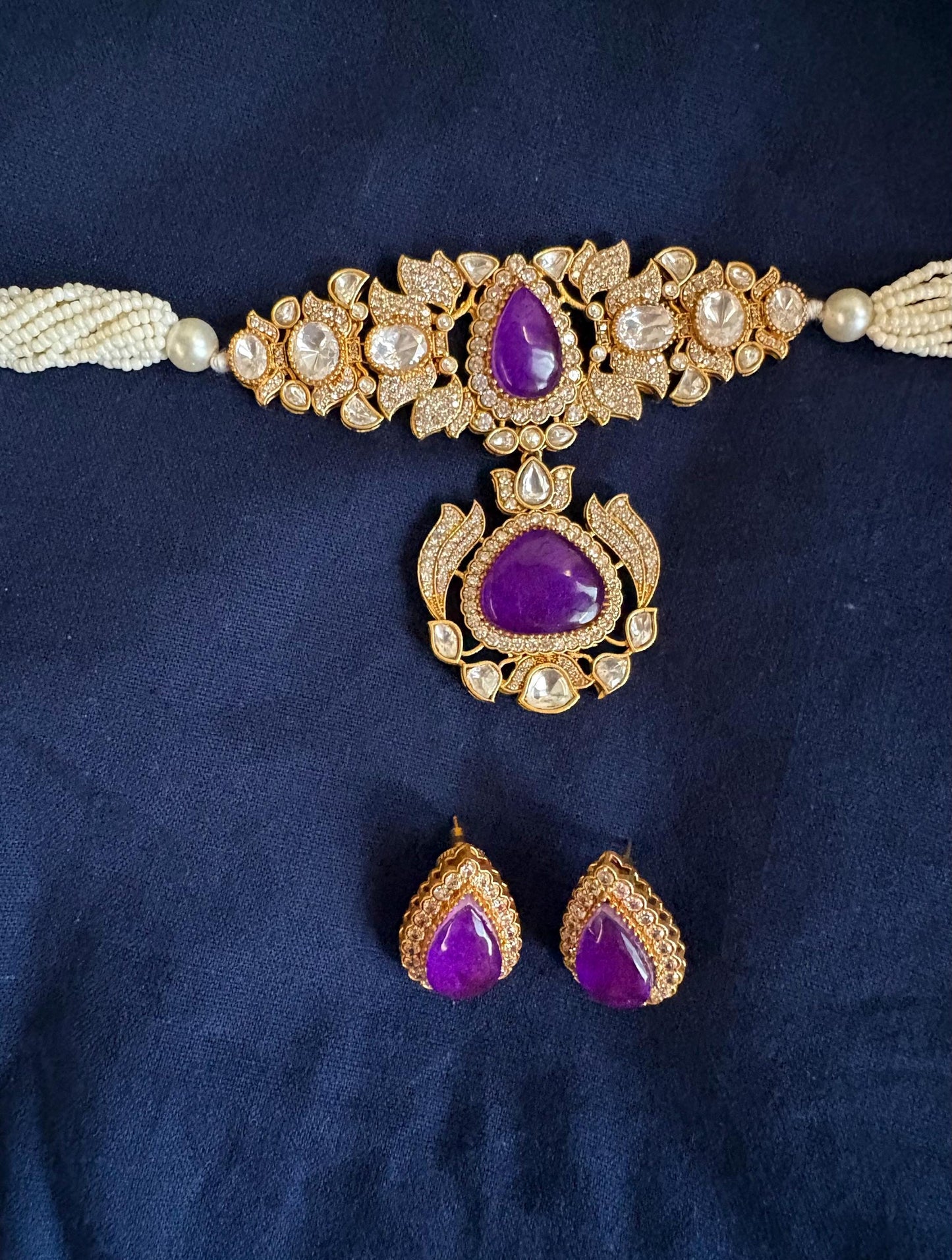 KOMAL Victorian look Purple Doublet Stone kundan Necklace Set with Earrings,,Indian Pakistani wedding and festive jewelry