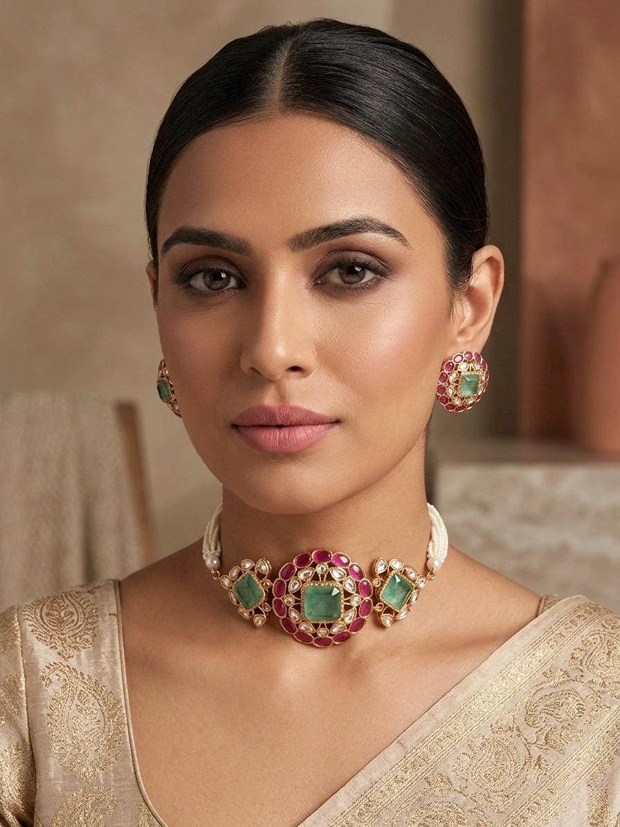 SAADIYA Premium quality soft mint and deep ruby pink colour kundan and polki choker necklace set in doublet stone, Indian pakistani jewelery
