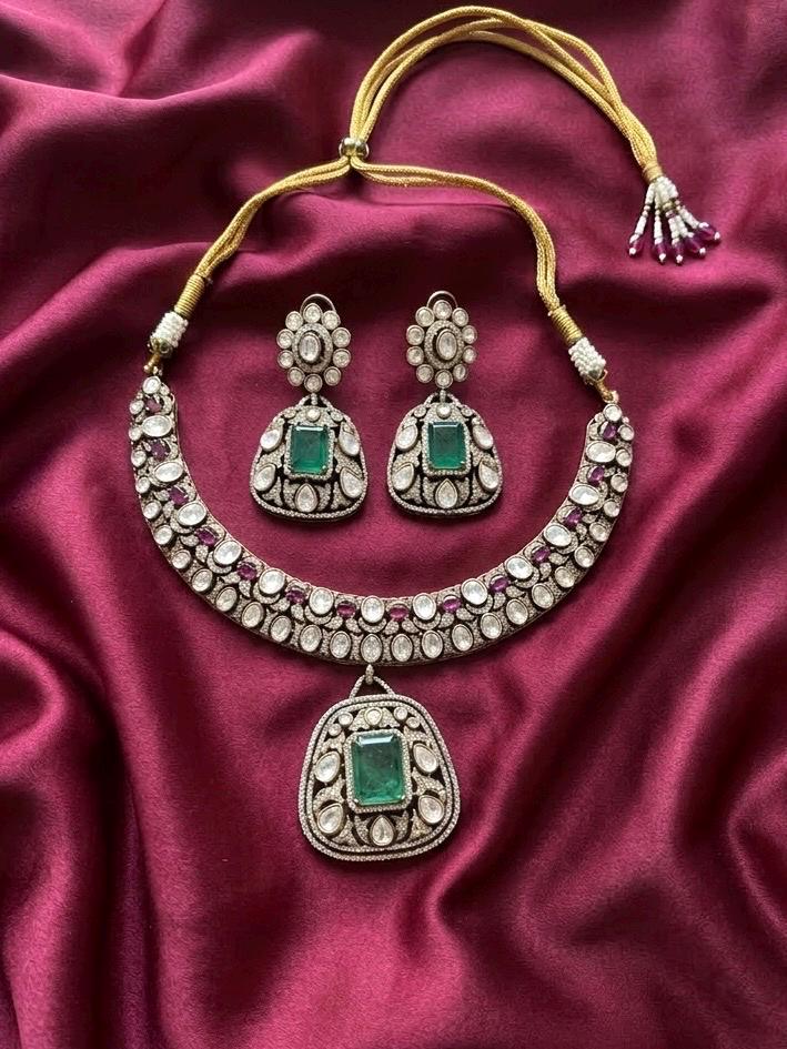 ZOHA Mint Ruby kundan and moissanite necklace set in doublet stone,Indian Pakistani wedding jewelry in antique golden polish